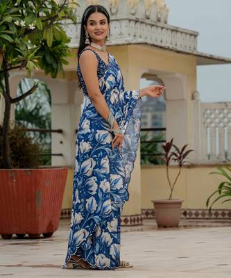 royal blue chinon digital print with mirror saree with blouse 2