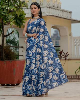 royal blue chinon digital print with mirror saree with blouse 3