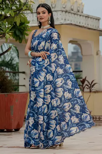 royal blue chinon digital print with mirror saree with blouse