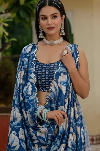 royal blue chinon digital print with mirror saree with blouse