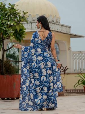 royal blue chinon digital print with mirror saree with blouse 5