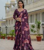 wine chinon digital print with mirror saree with blouse