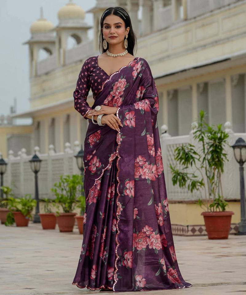 wine chinon digital print with mirror saree with blouse