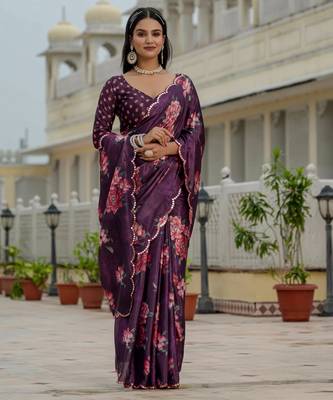 wine chinon digital print with mirror saree with blouse 2