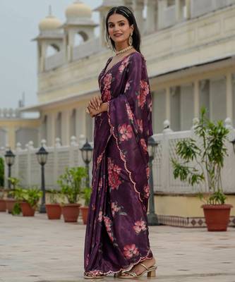wine chinon digital print with mirror saree with blouse 3