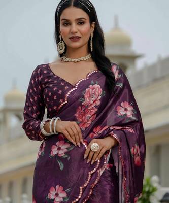 wine chinon digital print with mirror saree with blouse 4