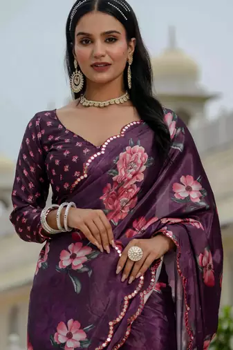 wine chinon digital print with mirror saree with blouse