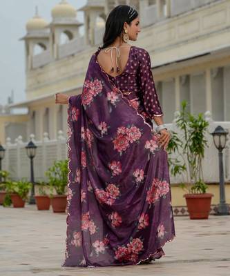 wine chinon digital print with mirror saree with blouse 5