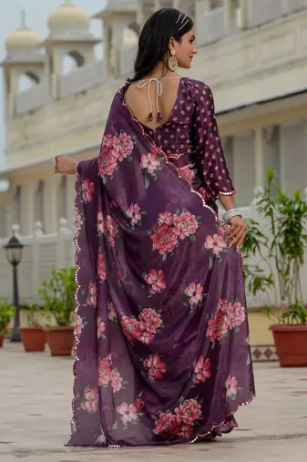 wine chinon digital print with mirror saree with blouse