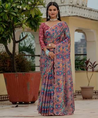 multicolor chinon digital print with mirror saree with blouse 1