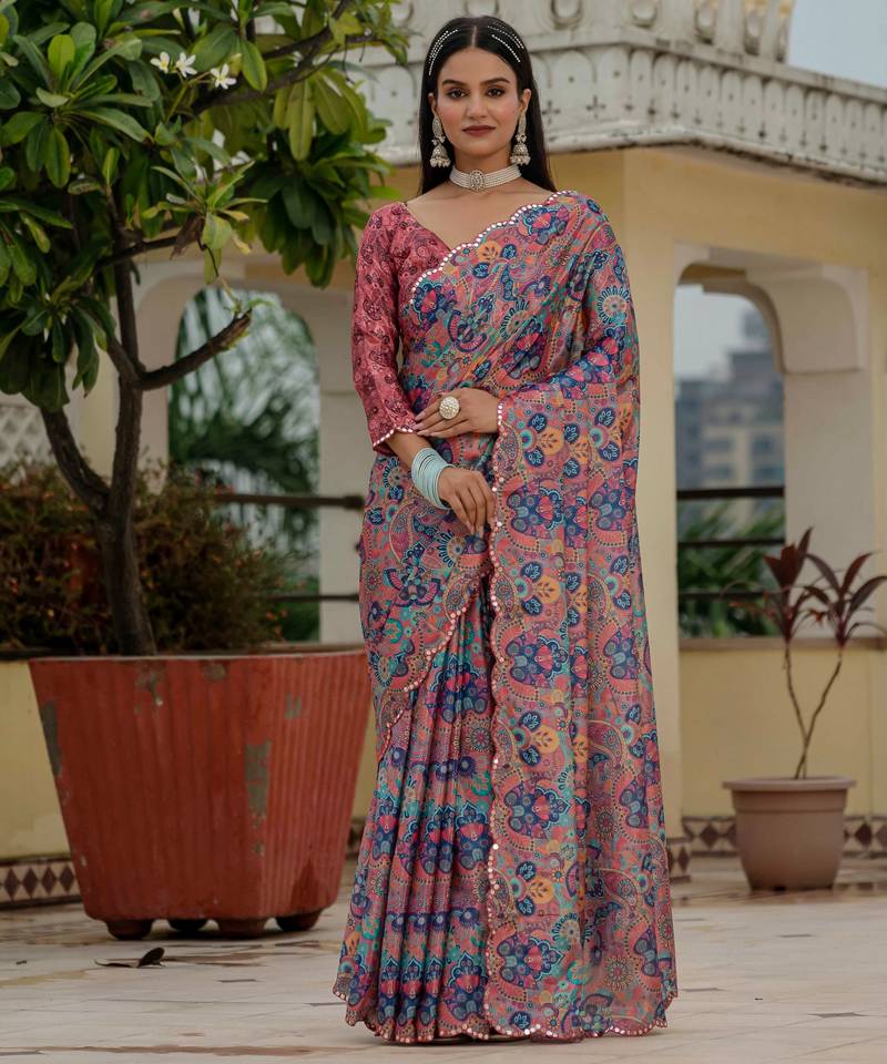 multicolor chinon digital print with mirror saree with blouse