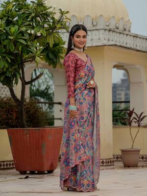 multicolor chinon digital print with mirror saree with blouse 2