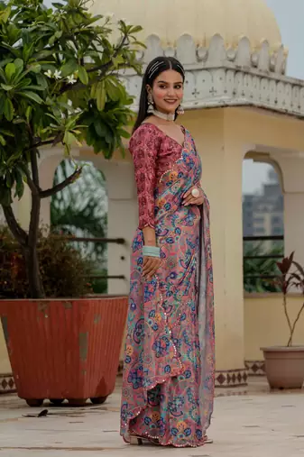 multicolor chinon digital print with mirror saree with blouse