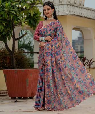 multicolor chinon digital print with mirror saree with blouse 3