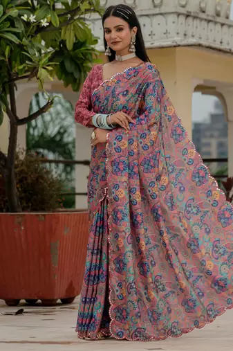 multicolor chinon digital print with mirror saree with blouse