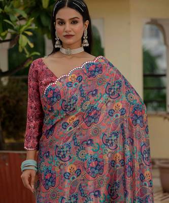 multicolor chinon digital print with mirror saree with blouse 4