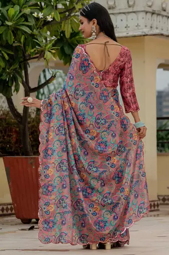 multicolor chinon digital print with mirror saree with blouse