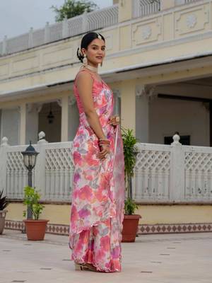 pink chinon digital print with mirror saree with blouse 2