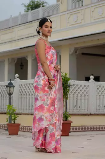 pink chinon digital print with mirror saree with blouse