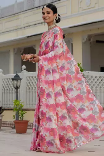 pink chinon digital print with mirror saree with blouse