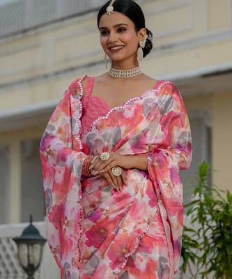 pink chinon digital print with mirror saree with blouse 4