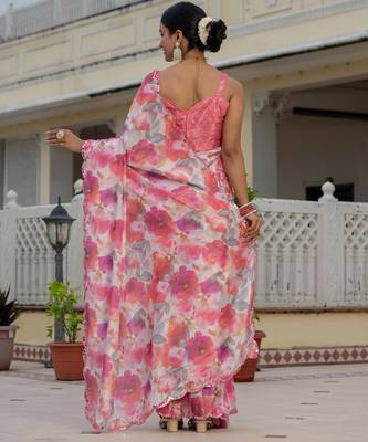 pink chinon digital print with mirror saree with blouse 5