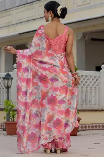pink chinon digital print with mirror saree with blouse