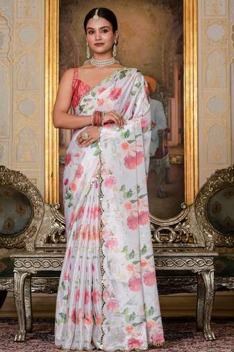 white chinon digital print with mirror saree with blouse