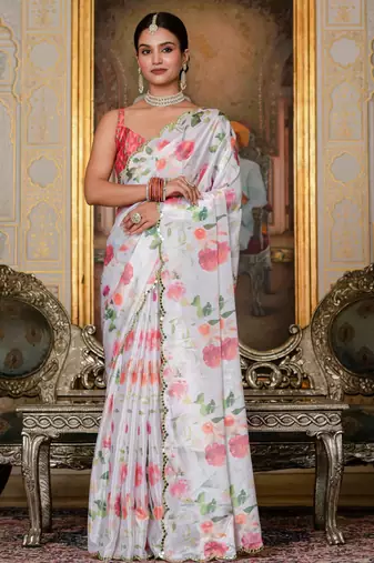 white chinon digital print with mirror saree with blouse