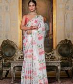 white chinon digital print with mirror saree with blouse