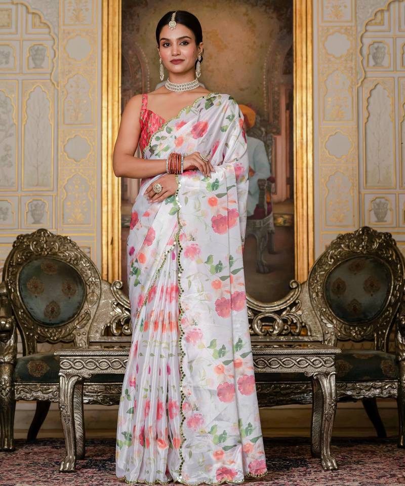 white chinon digital print with mirror saree with blouse