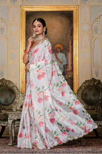 white chinon digital print with mirror saree with blouse
