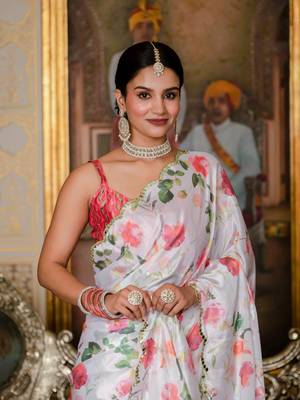 white chinon digital print with mirror saree with blouse 4