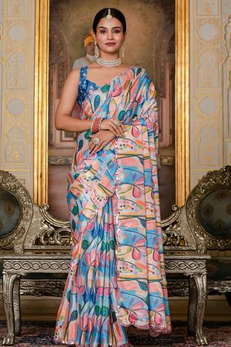 multicolor chinon digital print with mirror saree with blouse