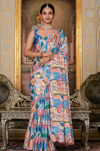multicolor chinon digital print with mirror saree with blouse