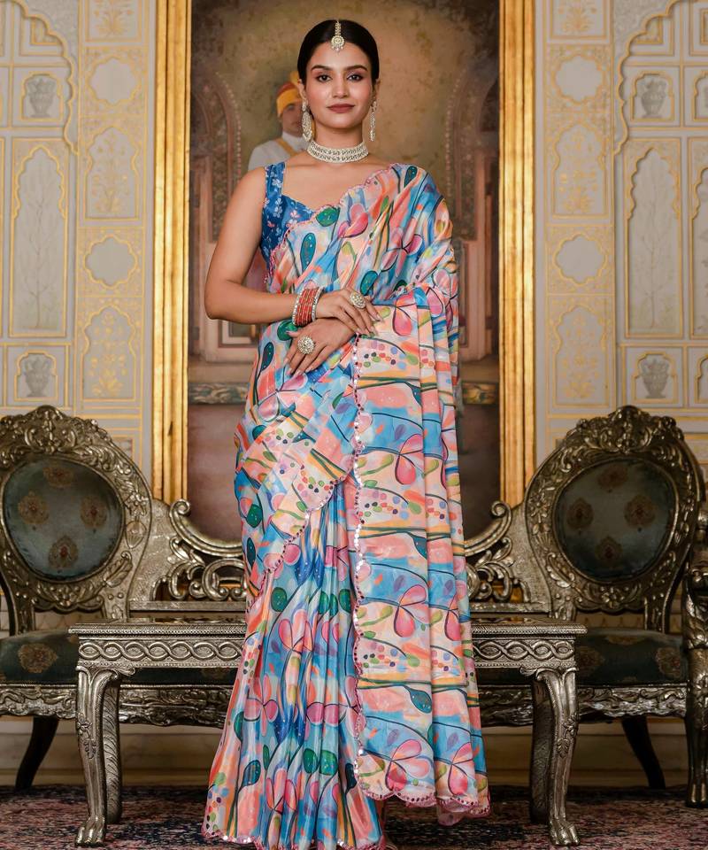 multicolor chinon digital print with mirror saree with blouse