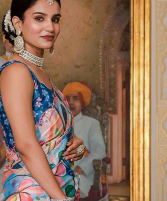 multicolor chinon digital print with mirror saree with blouse 2