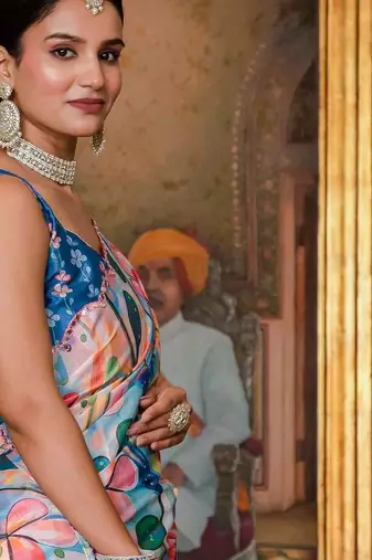 multicolor chinon digital print with mirror saree with blouse