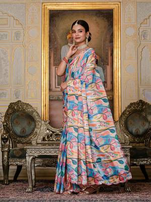 multicolor chinon digital print with mirror saree with blouse 3