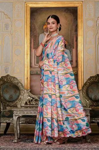 multicolor chinon digital print with mirror saree with blouse