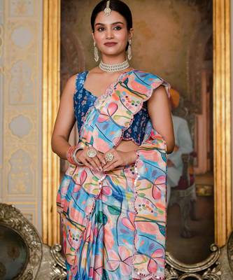multicolor chinon digital print with mirror saree with blouse 4
