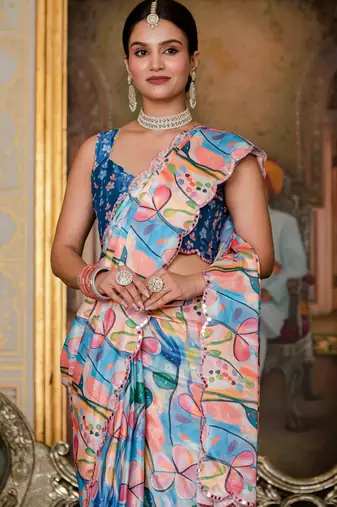 multicolor chinon digital print with mirror saree with blouse