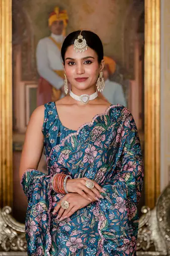 morpich chinon digital print with mirror saree with blouse