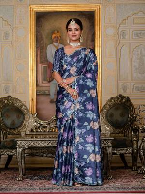 navy blue chinon digital print with mirror saree with blouse 1