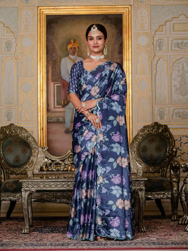 navy blue chinon digital print with mirror saree with blouse