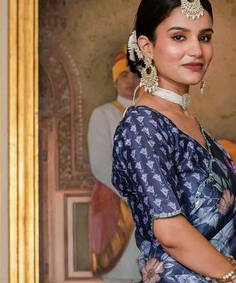 navy blue chinon digital print with mirror saree with blouse 2