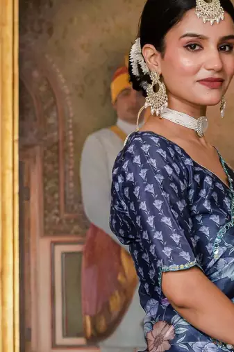 navy blue chinon digital print with mirror saree with blouse