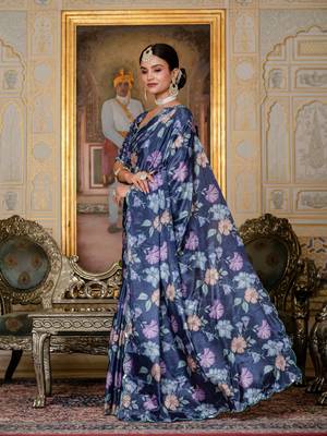 navy blue chinon digital print with mirror saree with blouse 3