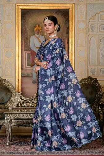 navy blue chinon digital print with mirror saree with blouse