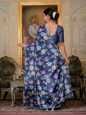 navy blue chinon digital print with mirror saree with blouse 5